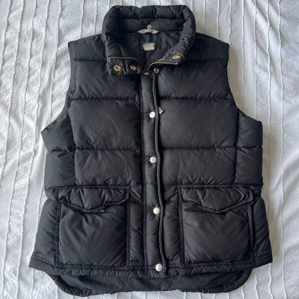 J CREW Women’s Large Glossy Black Puffer Vest 80% Down Filled Pockets #HR-10